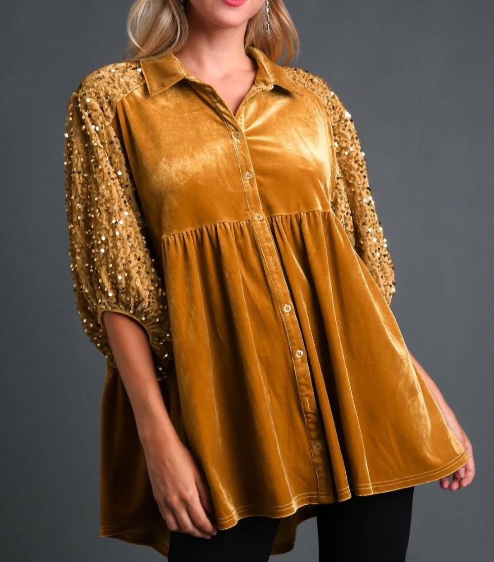 Umgee USA Sequin Shirt Mustard Tiered Back Half Sleeve Babydoll Ruched