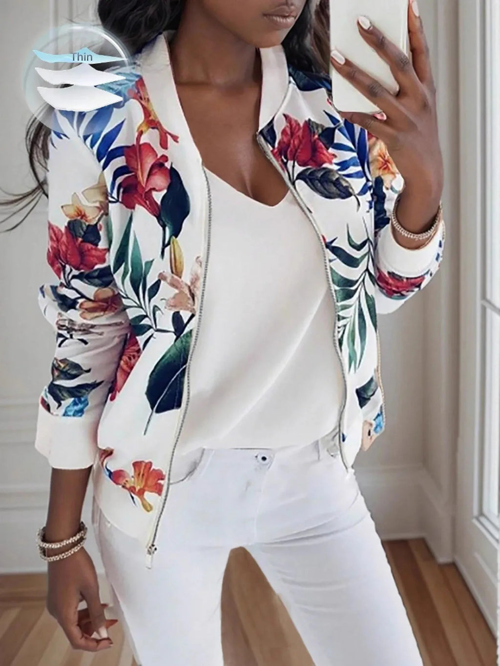 Women's Jacket Floral Printed Zip Up Long Sleeve Outwear