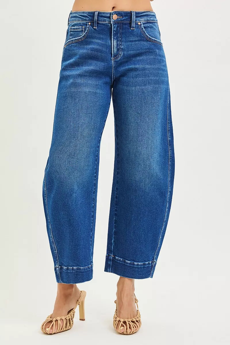 RISEN Crop Barrel Jeans Womens Mid Rise Dark Was Denim Pants d1e3be3069a944b4bd403d96b4b38fff-Max-Origin Trendsi