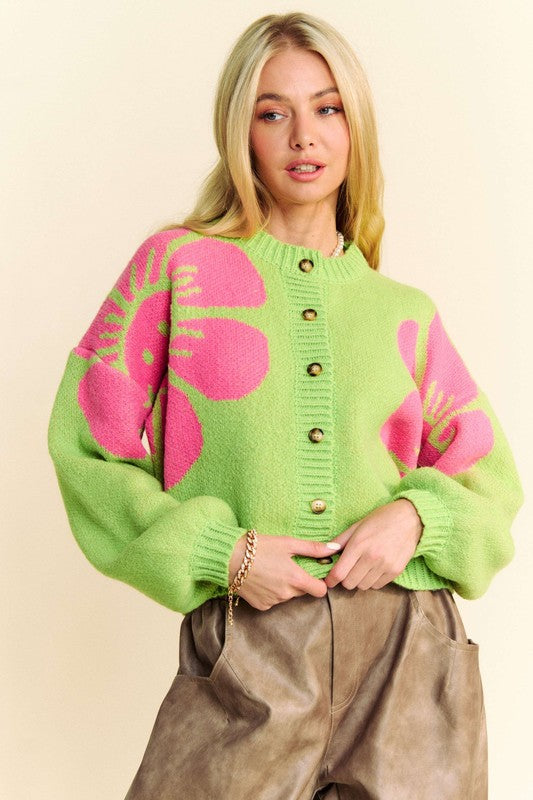 Davi & Dani Women Cardigan Flower Lime Round Neck Long Sleeve Sweater d1e45dc2-bafd-4b36-b3ae-784c9d631a01-Max Trendsi