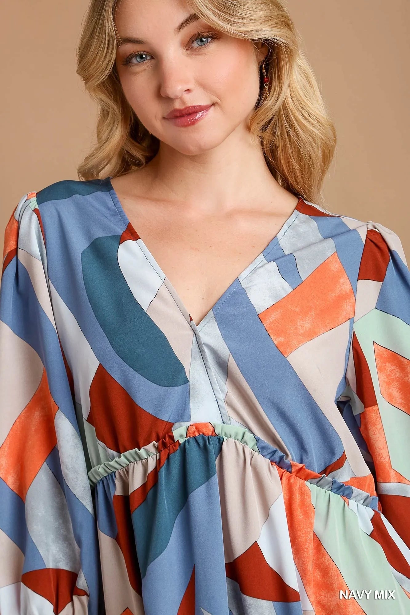 Umgee Mini Dress Multicolor Abstract Printed V-Neck Tiered 3/4 Sleeve Ruffled d1e48f8f-4cf1-464c-b240-42d3bb55f33c-Max-Origin Trendsi