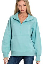 Zenana Fleece Sweatshirt Dusty Teal Half Zip with kangaroo Pocket d1e5708c7c914b69906da2b07b3621d9-Max-Origin Trendsi