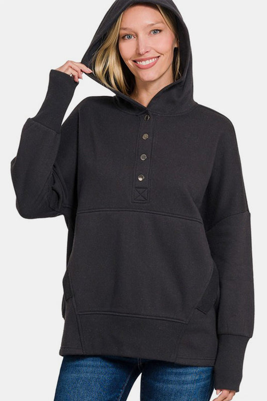 Zenana Hoodie Black Snap Long Sleeve Cotton Blend Kangaroo Pocket Top