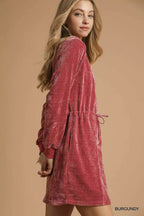 Umgee Mini Dress Velour Burgundy Long Sleeves Drawstring Waist d1f93824-aba6-4ff5-b925-2519f9a9dc5a-Max-Origin Trendsi