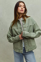 SO ME Womens Denim Shacket Olive Vintage Washed Button Twill Outwear d204dcbfab1f4dc1ab17357bea910288-Max-Origin Trendsi