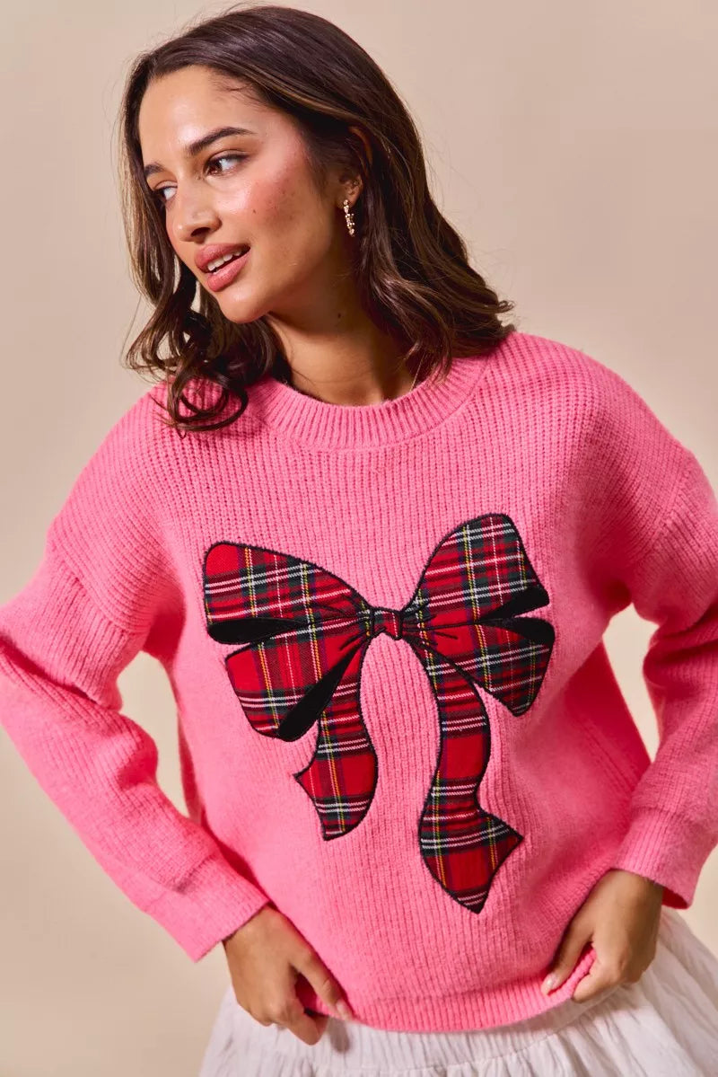 SO ME Womens Christmas Holiday Sweater Pink with Checker Plaid Ribbon d21e60fedb3c4980901ae7eeb4e30851-Max-Origin Trendsi