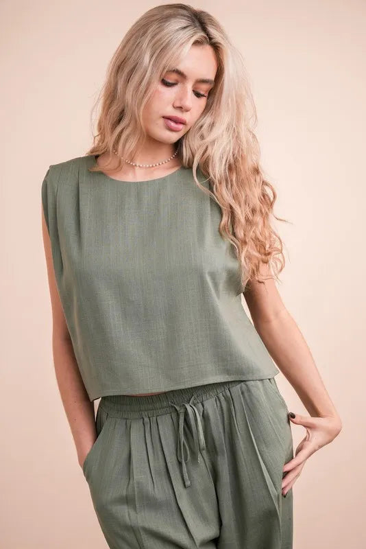 VERY J Outfit Set Olive Woven Top & High Waisted Pants Pocketed 2 Pcs d2281367db8a432a8a50280f16ad723f-Max-Origin Trendsi