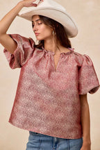 BiBi Jacquard Womens Blouse Red Woven Short Balloon Sleeves V Neck Top d2281ac2194b47c3854efe4aed573d1e-Max-Origin Trendsi