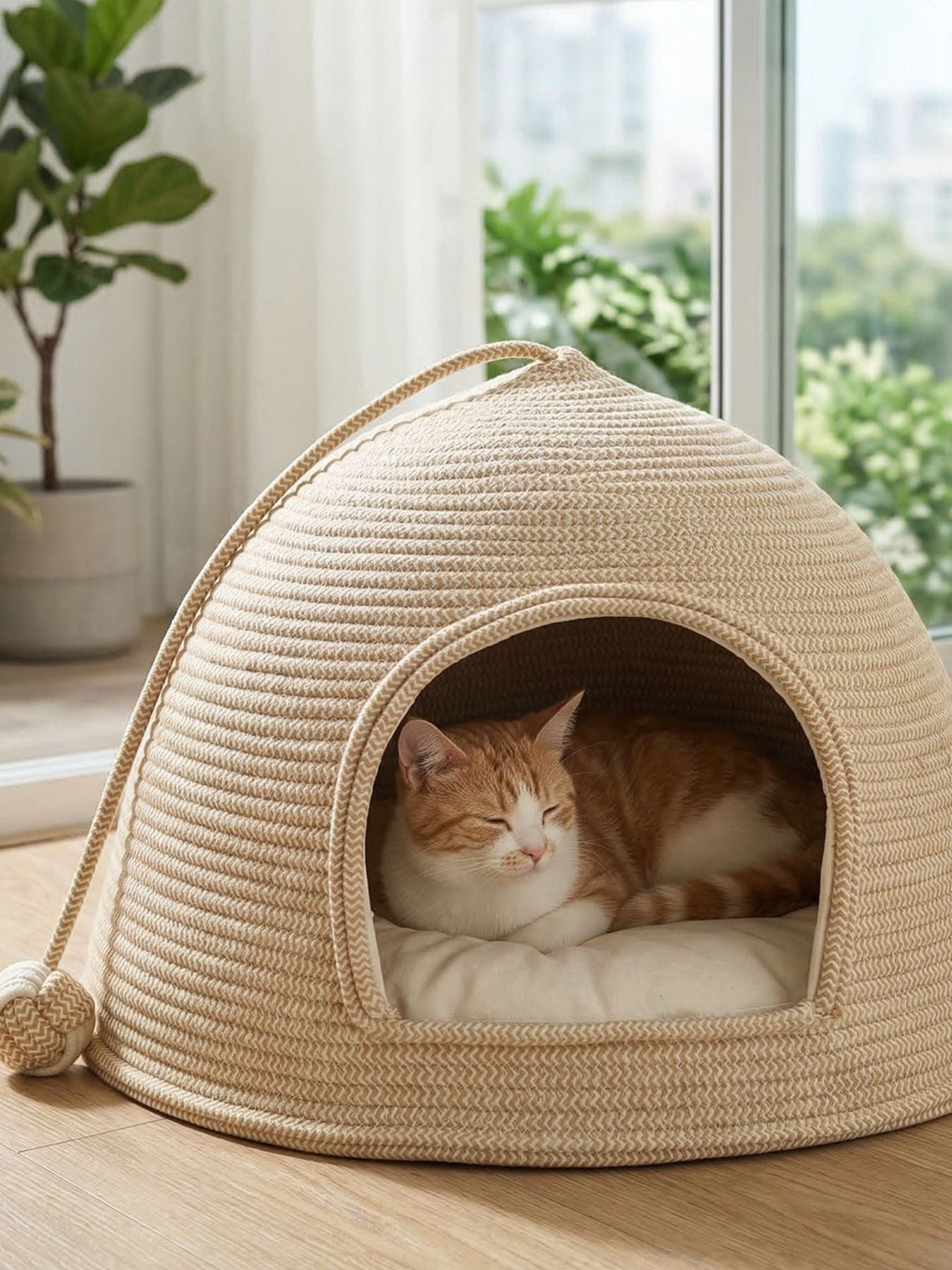 Cotton Rope Dome-Shaped Pet Nest, Scratch and Wear Resistant, Semi-Enclosed Design for Security, Size L (20.9" Length x 11.8" Height)