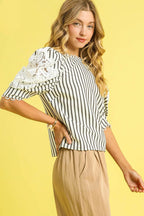 Umgee Blouse Black Striped Lace Puff Short Sleeve Women's Top d2309858-90fb-4591-aa73-8d18c1ab6949-Max-Origin Trendsi