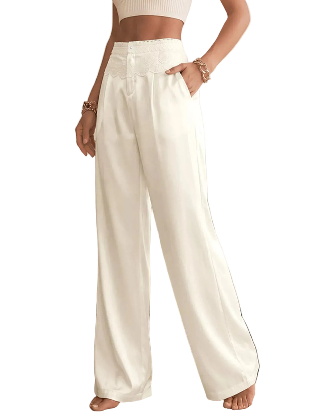 Wide Leg Pants with Lace Waist Detail