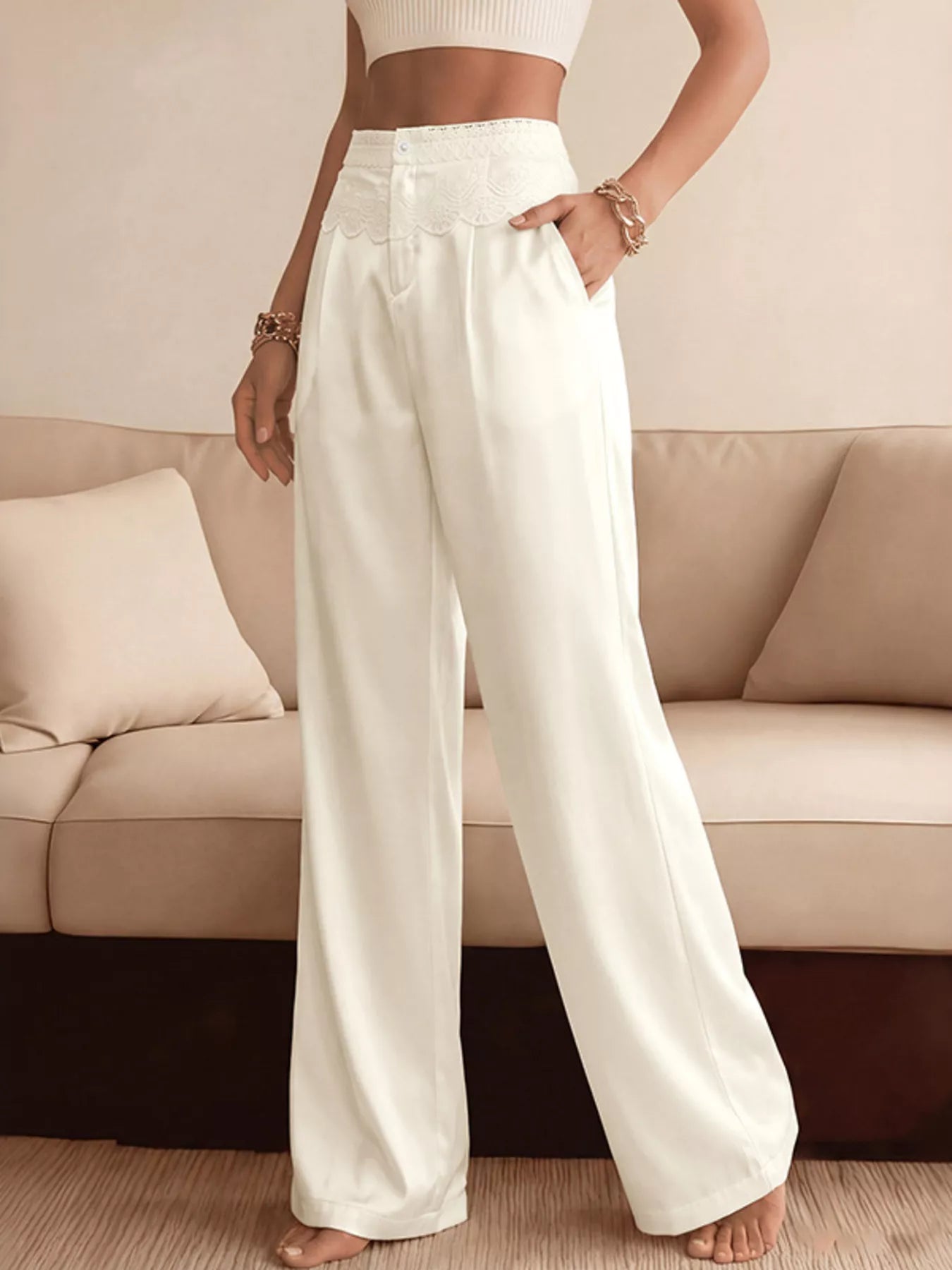 Wide Leg Pants with Lace Waist Detail