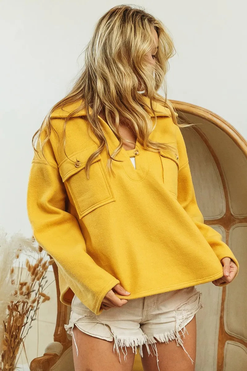 BiBi Sweatshirt Mustard Cotton Blend Fleece Collared with Flap Pockets Top d24b3253ac834b288283c004bbdfdf7f-Max-Origin Trendsi