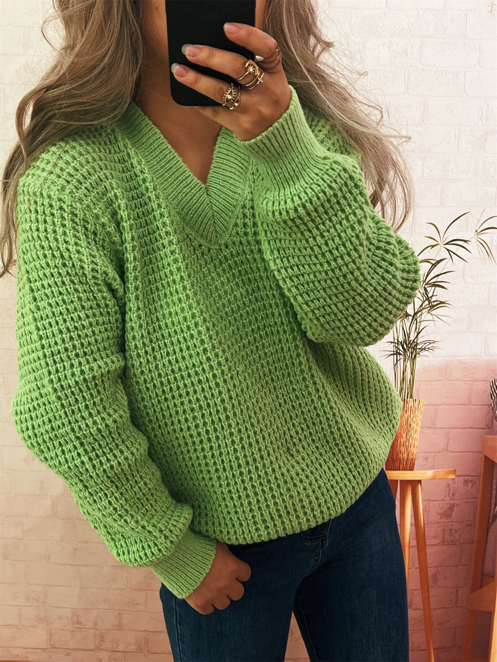 Women's Sweater V-Neck Textured Knit Loose Pullover d24e1a6082f8439aafa5607e60c46c98-Max-Origin Trendsi