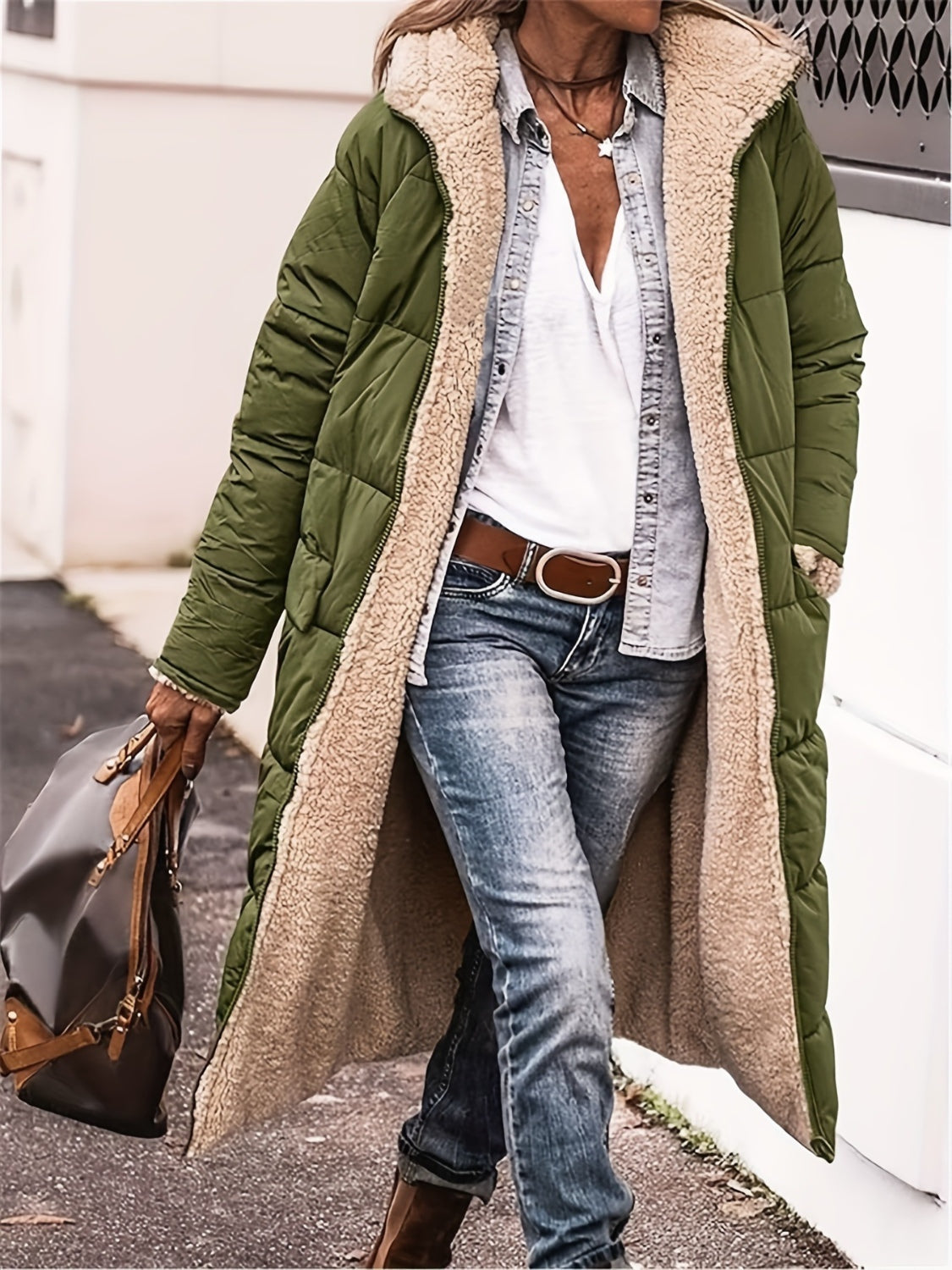 Padded Women Long Coat Plus Size Zip Up Sherpa Fur Lined Hooded Quilted Matcha Green d2525770-7e8d-4e25-9950-db415401aeef-Max Trendsi