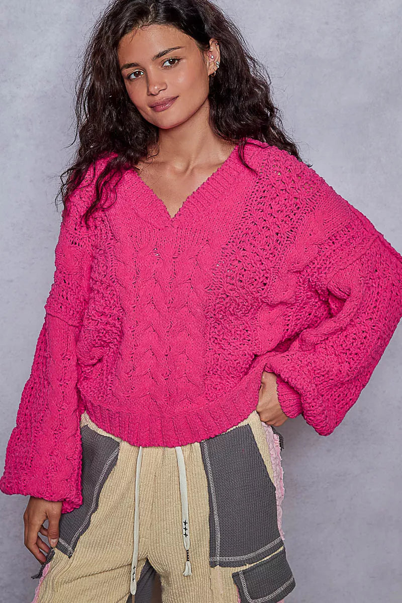 POL Womens Sweater Fuchsia Cable-Knit Solid V-Neck Cropped Oversized d2526cf2-6e8c-4918-a87b-ce6b334351d6-Max-Origin Trendsi