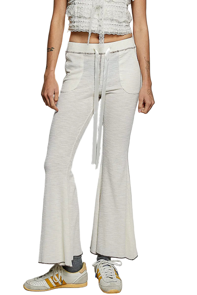 POL Drawstring Textured Ribbed Knit Flare Pants