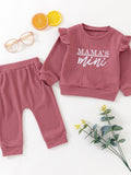 Children's Letter Embroidered Top with Ruffled Trim and Matching Pants Set