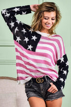 BiBi Knit Top American Flag Low Gauge Raw Hem Long Sleeve Black Mauve d263f611d9474adaa2a7d8849214c223-Max-Origin Trendsi