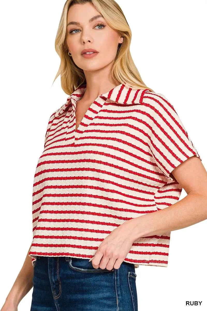 Zenana T-shirt Striped Ruby Red Split Neck Collared Top Short Sleeve d26423a7a43e4d1a8676d3fa5db9094b-Max-Origin Trendsi