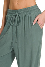 Zenana Linen Pants Drawstring Waist Wide Leg Ash Jade Pocketed Slit Trousers d267b6db-085f-4936-b2df-f5cec9dbe7bd-Max-Origin Trendsi