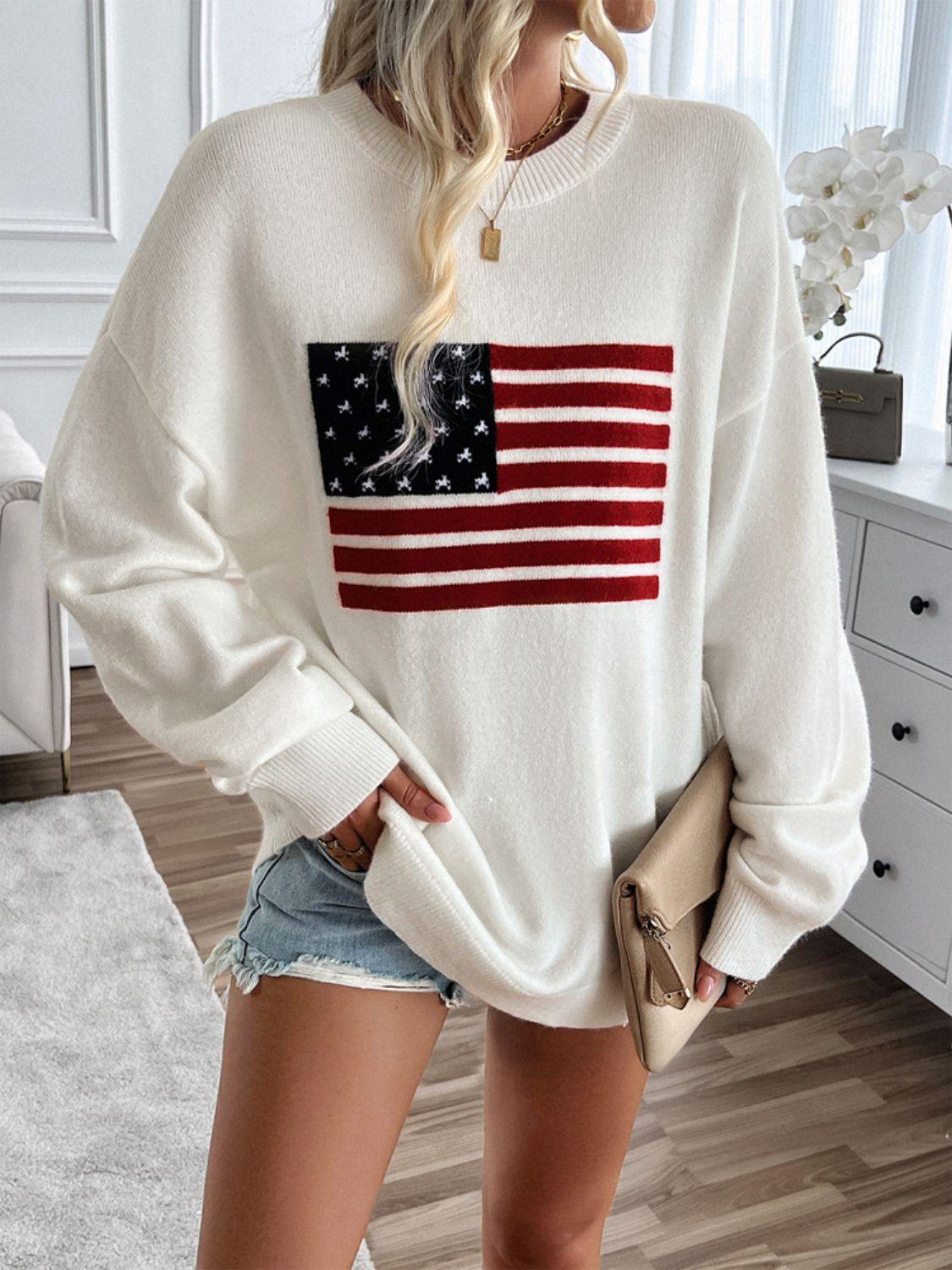 Knit Top US Flag Round Neck Long Sleeve Knitwear d269297e-57d9-471a-afbf-558e5888360c-Max Trendsi