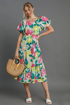 Umgee Midi Dress Plus Size Tiered Floral Print with Puff Short Sleeves Mint Mix MINTMIX d26a1dc1-3402-432f-b5b8-85e7076ca1ae-Min Trendsi