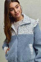 SO ME Women Jacket Faux Fur Sherpa Blue Pull with Floral Ruffle Contrast Zipper d26c243974a04397952a6ef447ffb42b-Max-Origin Trendsi
