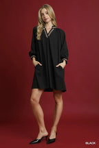 Umgee Short Shift Dress Black Notched Collar with Trim Lace Detail 3/4 Sleeve d274babc-5b7e-4f65-8a6f-3d98228f2e56-Max-Origin Trendsi