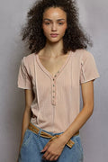 POL Womens T-shirt V-Neck Short Sleeve Top with Stitch Seam Detail Soft Pink SOFT PINK d27a4627-f031-4186-9658-4fdf4b49d7a9-Max-Origin Trendsi