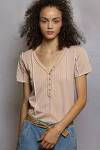 POL Womens T-shirt V-Neck Short Sleeve Top with Stitch Seam Detail Soft Pink SOFT PINK d27a4627-f031-4186-9658-4fdf4b49d7a9-Max-Origin Trendsi