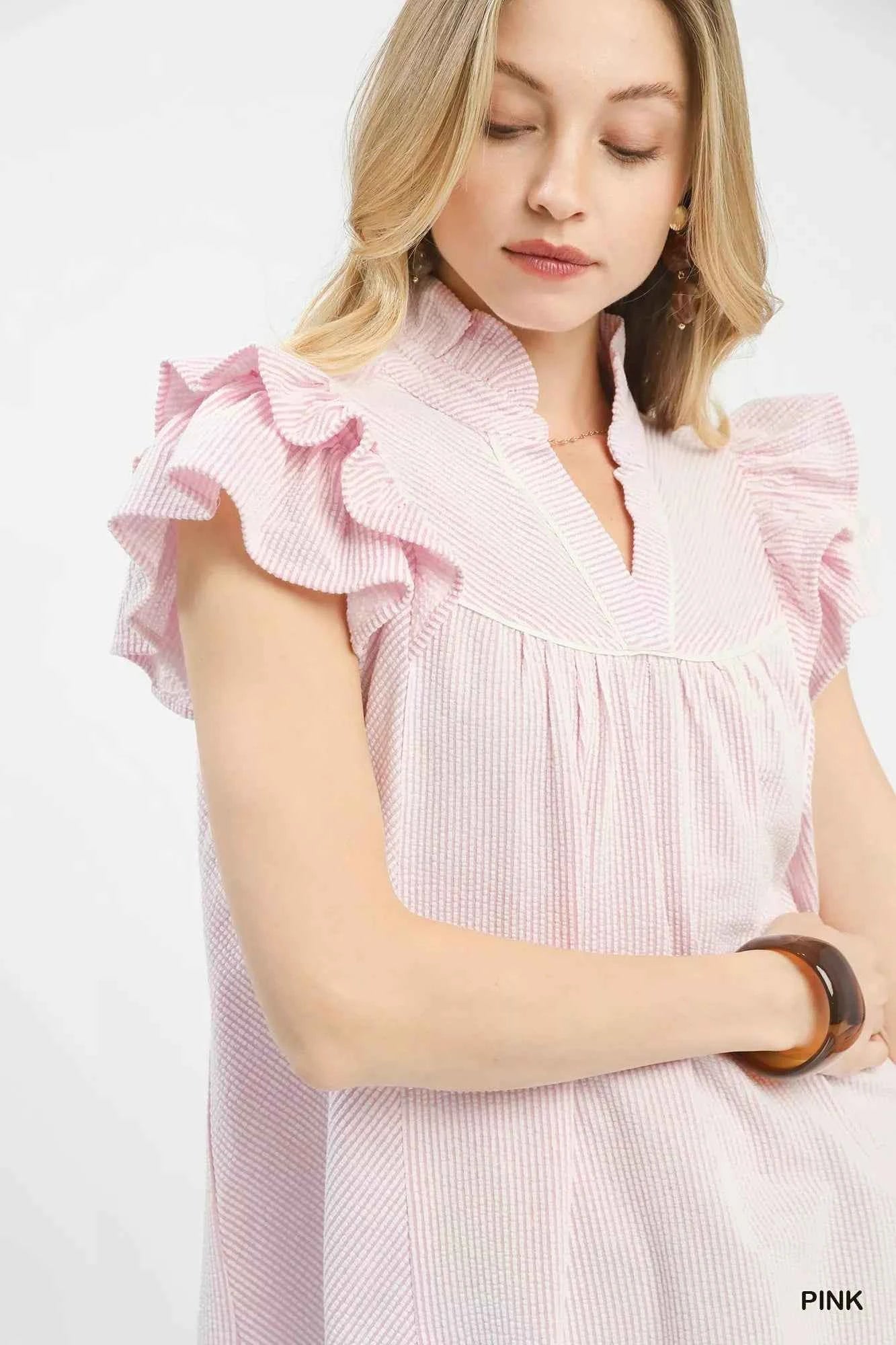 Umgee Blouse Textured Pink Ruffled Sleeve Short Sleeve Top d27b1fd4-8271-41c8-bb5c-2b3615882927-Max-Origin Trendsi