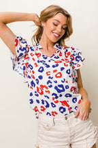 BiBi Blouse Colorful Leopard Print Notched Ruffled Cap Short Sleeve Top d2913eb9-4d1c-4980-8823-9d5c3ee5ecb9-Max Trendsi