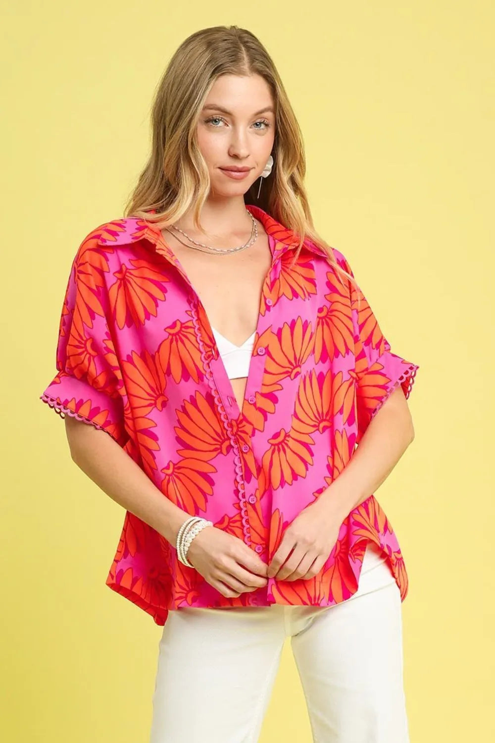 Umgee Shirt Hot Pink Floral Printed Button-Up Relaxed Short Sleeve Top d2915d27-3a2c-4172-b446-12dfd04f2394-Max-Origin Trendsi
