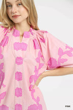 Umgee Womens Blouse Pink Floral Smocked Notched Puff Short Sleeve Top d29d2b79-856e-495e-9489-c7dba054faa6-Max-Origin Trendsi
