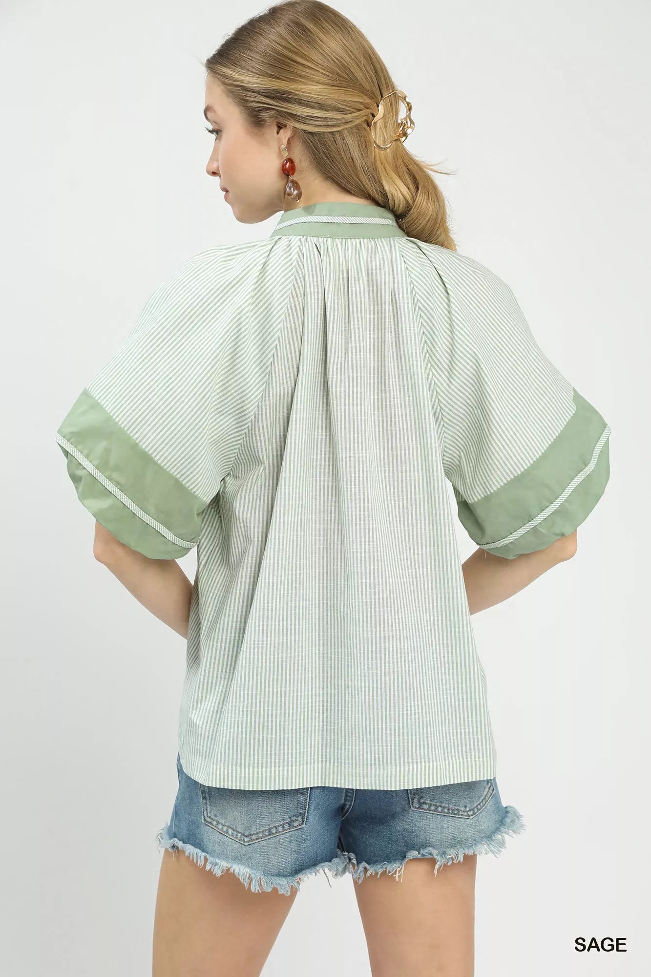 Umgee Blouse Striped Sage Green Mixed Puff Short Sleeve Top d29e7fc0-86b7-4425-a0d0-e186711f4622-Max-Origin Trendsi