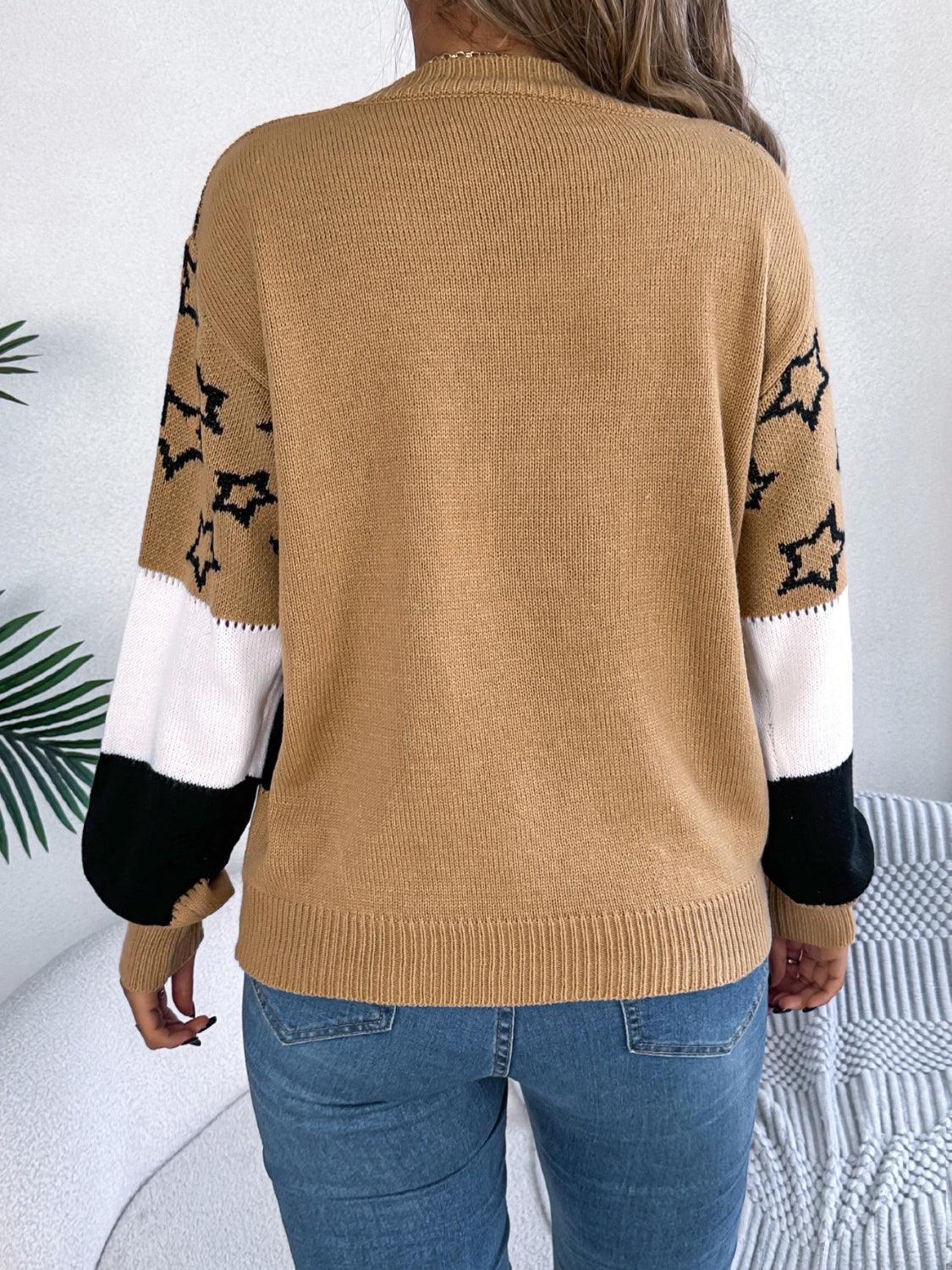 Sweater Star Contrast Round Neck Long Sleeve Knitwear d2ad73ce-39b0-4c0c-b18a-2135e7ae1d9a-Max Trendsi