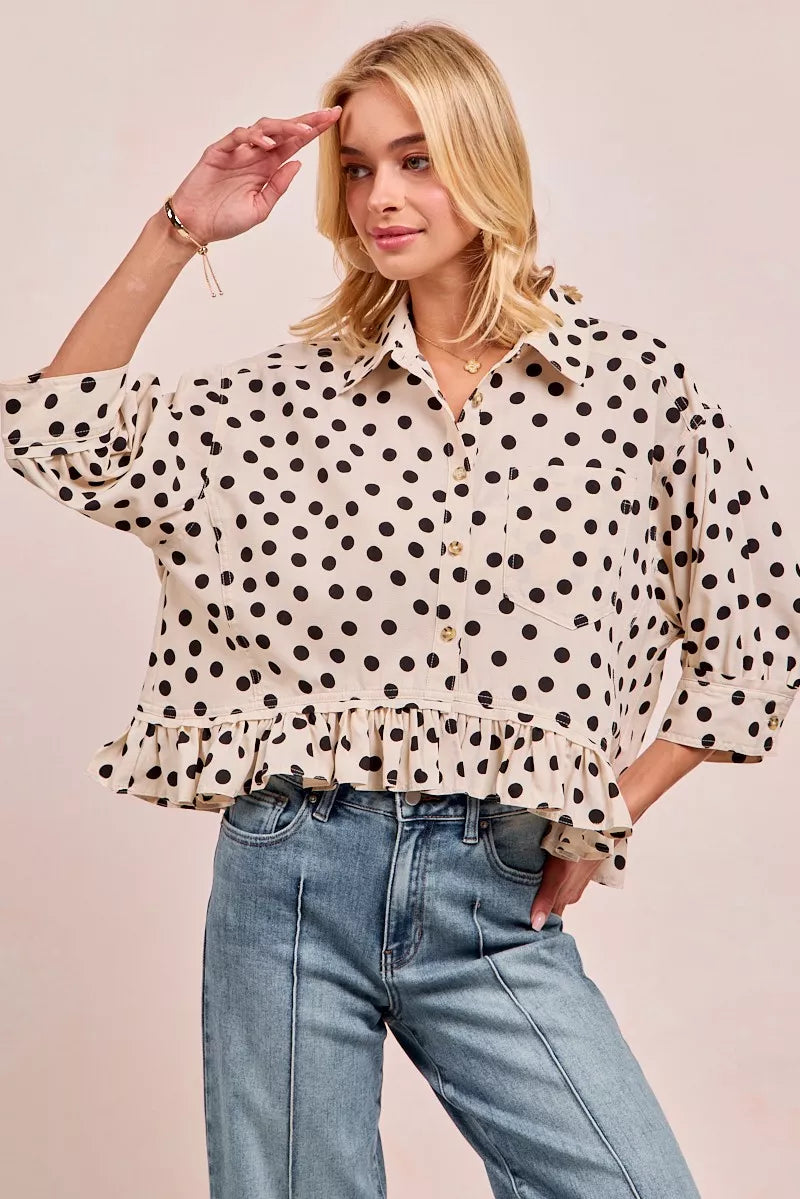 BiBi Womens Blouse Off White Black Polka Dot Peplum Top with Front Button d2ae2bf48b3e4676b0fcdd958da872a2-Max-Origin Trendsi