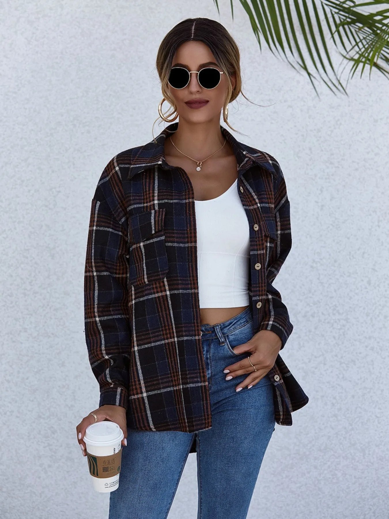 Women's Plaid Shirt Button-Up Long Sleeve Oversized Pocketed Top d2b7cba5-641b-4dfc-8a65-e13d354a540b-Max-Origin Trendsi