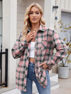 Pocketed Plaid Shirt Collared Neck Long Sleeve Button up Dusty Pink d2b89557-c0da-49a6-89ed-7b12e8f562c9-Max Trendsi