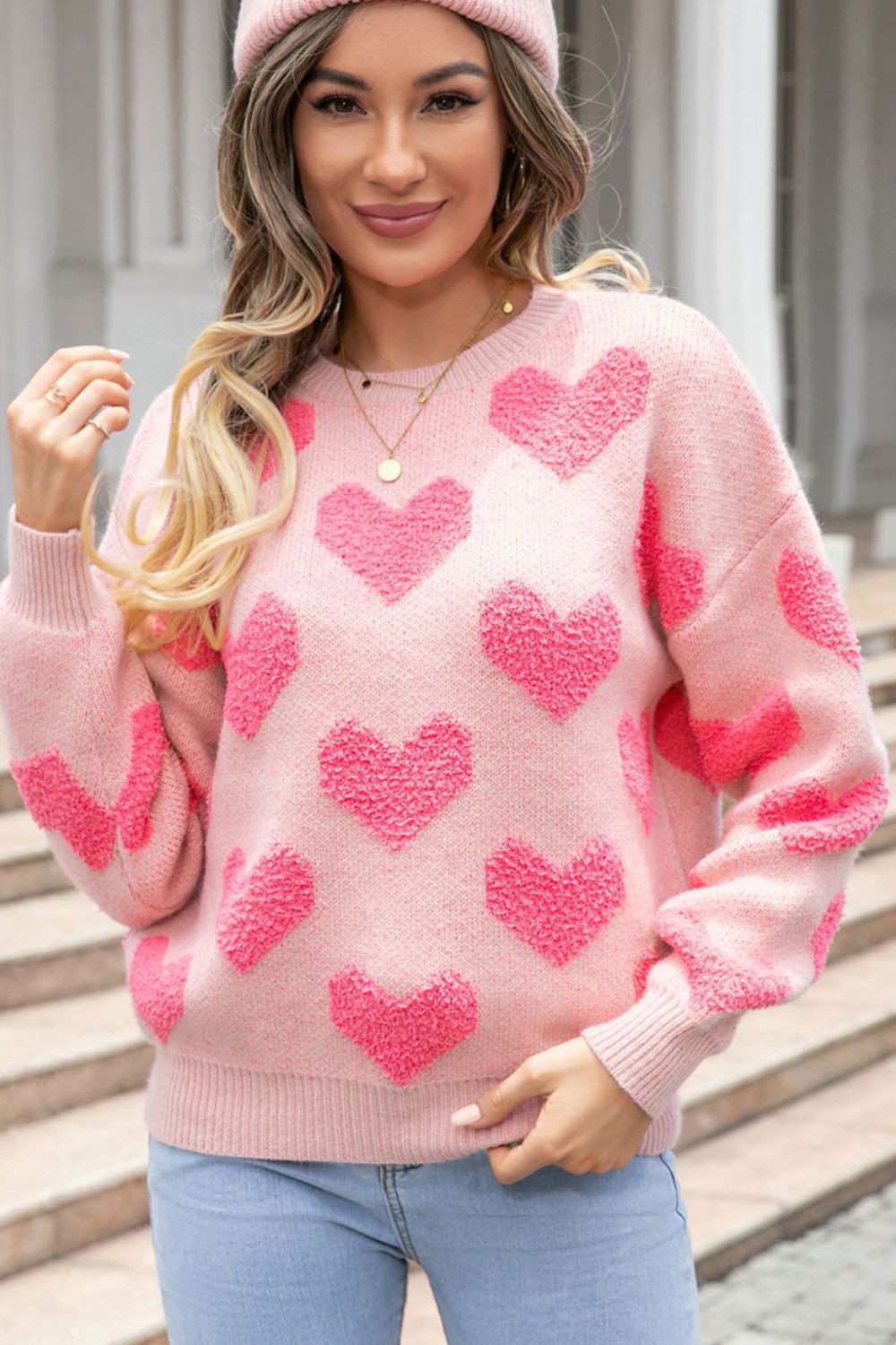 Valentine's Day Heart Jacquard Sweater Pink Round Neck Women Long Sleeve