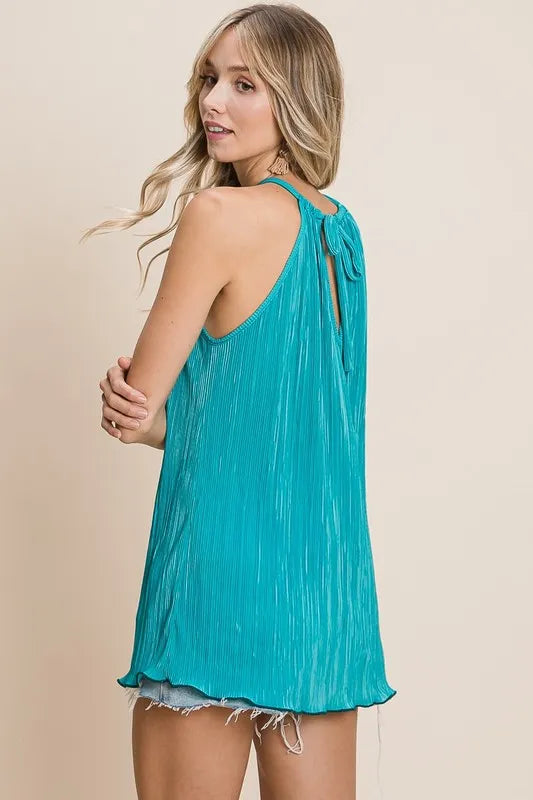 BiBi Halter Top Teal Pleating Knit Ruched Tied Blouse d2c1fcf84f8443a0a67dbc9a4990b029-Max-Origin Trendsi