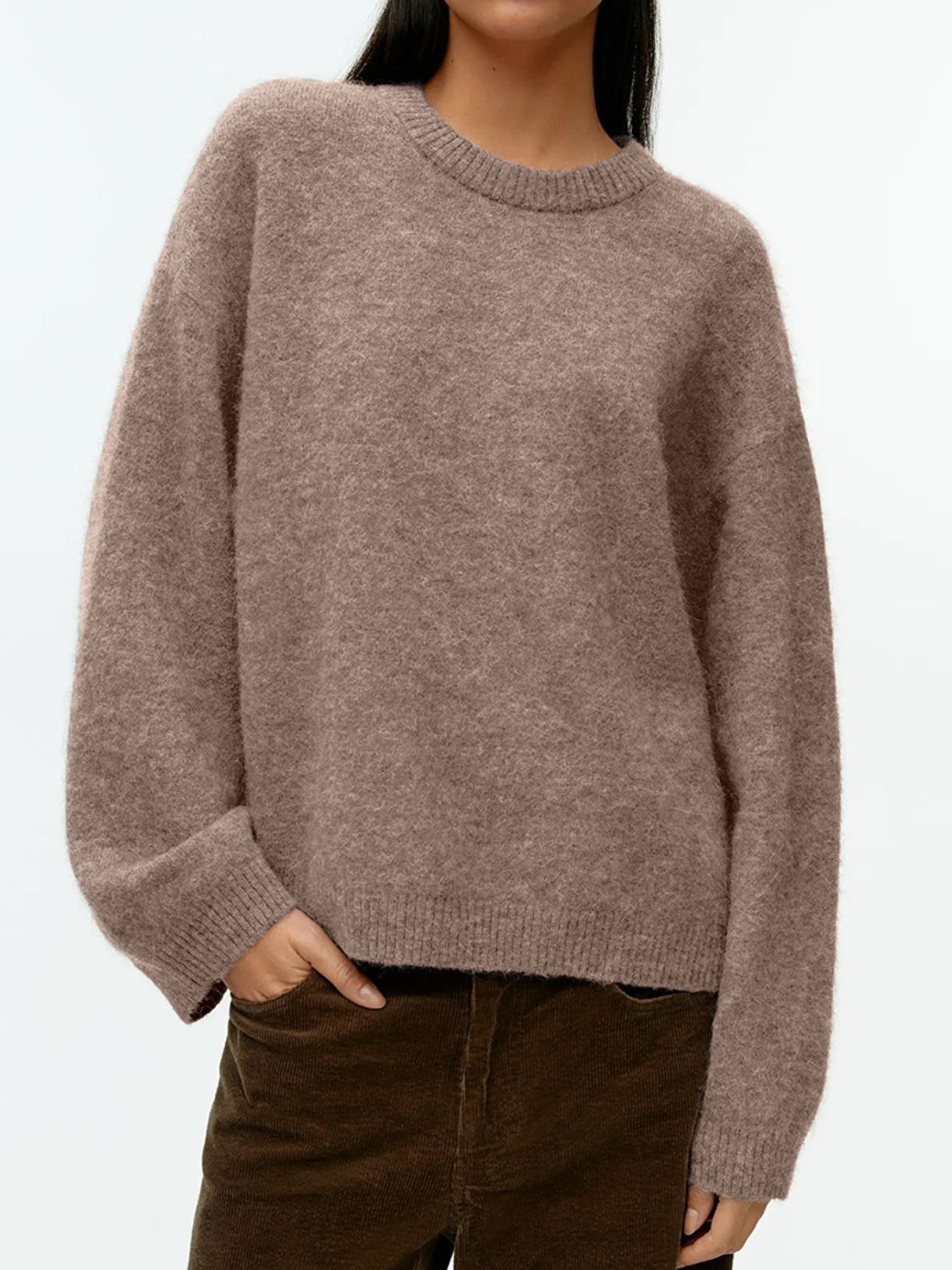 Women Sweater Round Neck Drop Shoulder Long Sleeve Soft Solid Pullover Taupe One Size d2c72dd1-fe27-403b-a8da-26c0c89a01a9-Max Trendsi