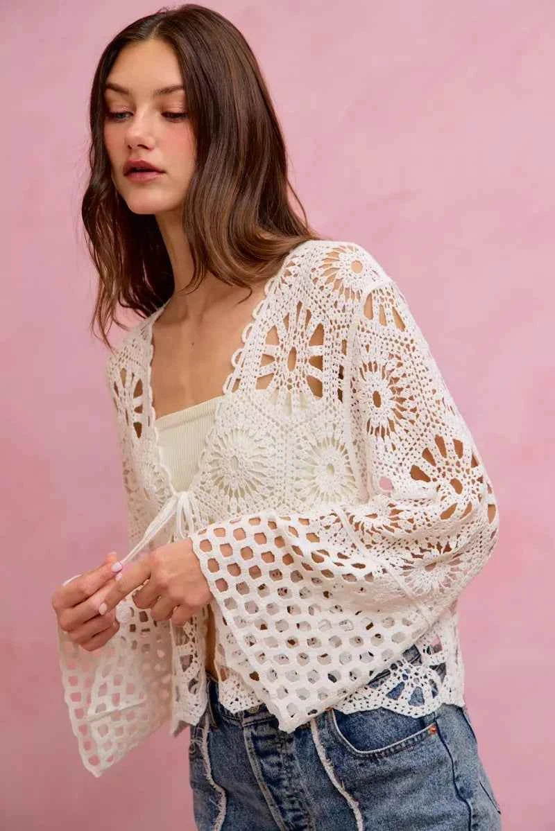 SO ME Floral Pattern Crochet Knit Tie Front Crop Cardigan