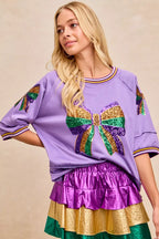 BiBi Womens Blouse Lavender Sequin Patched Ribbon Mardi Gras Theme Top d2cacdb1b56843618e95423adf001b2e-Max-Origin Trendsi