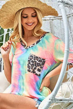 BiBi Women T-shirt Tie Dye Pastel Print V Neck Top With Front Patch Pocket d2cc174949e647609d092dd4fc150e90-Max-Origin Trendsi