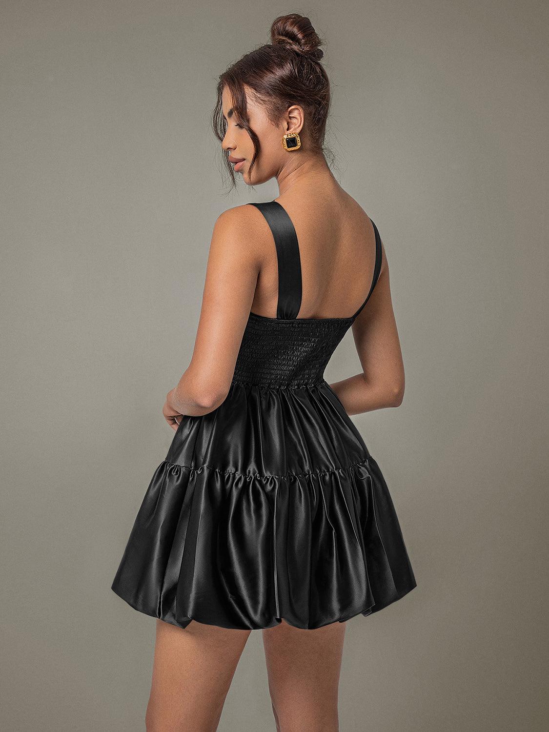 Ruched Black Mini Dress Square Neck Wide Strap Ruffle High Waisted d2cd4d56-53b9-49c9-b152-41f527f8afe5-Max Trendsi