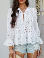 Crochet Blouse Ruffle Tie Front Flounce Long Sleeve Peplum Cut Out Embroidered d2d1287d-0846-4342-ab17-03a19f0d3987-Max Trendsi