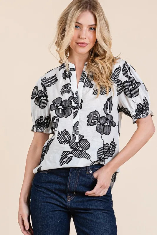 Lime 'N' Chili Blouse Floral Black Ivory Embroidered Split Neck Puff Sleeve d2d1b3ab0a754f8396771155cfa257d2-Max-Origin Trendsi