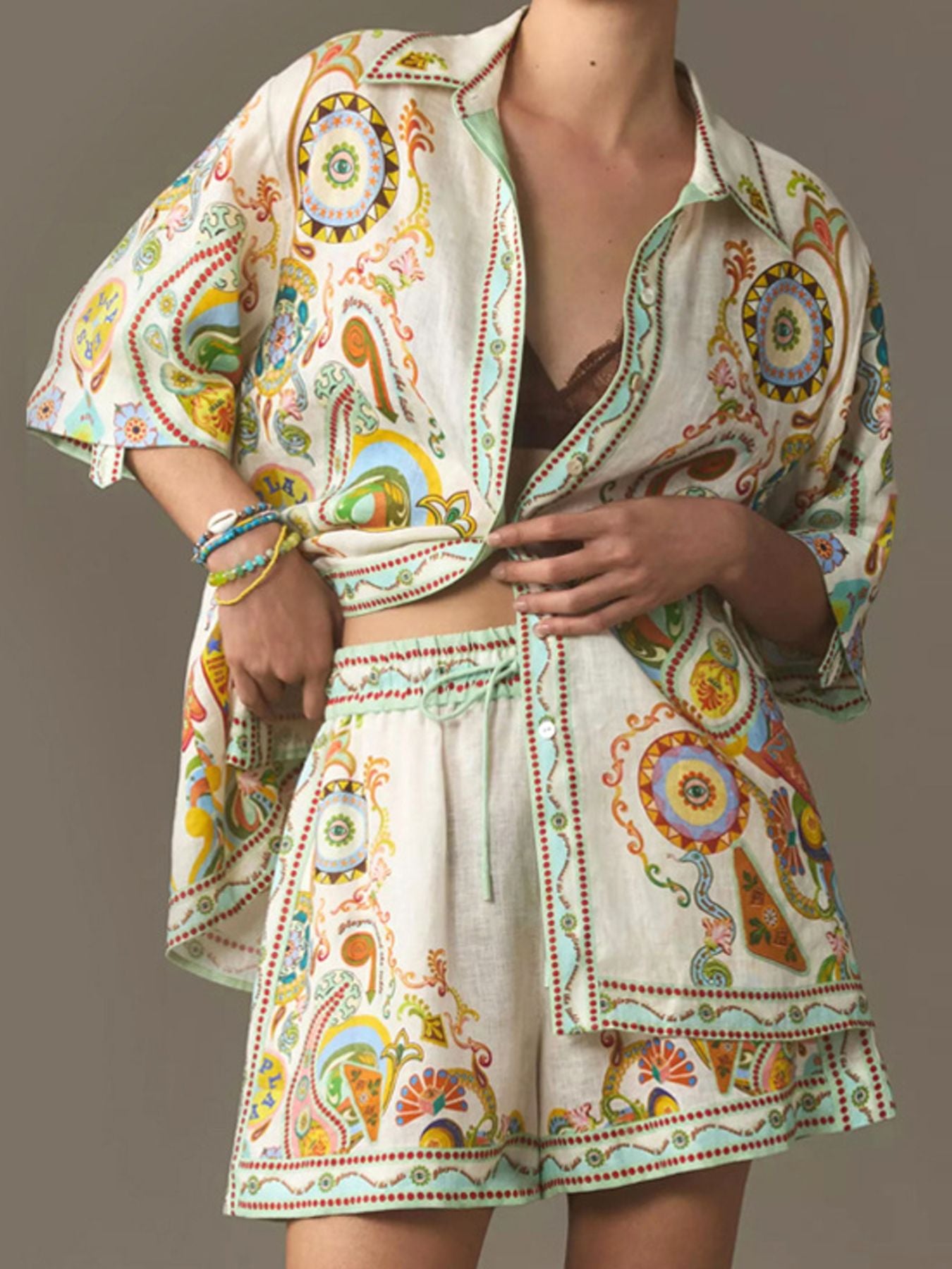 Printed Button-Up Shirt and Shorts Two-Piece Set